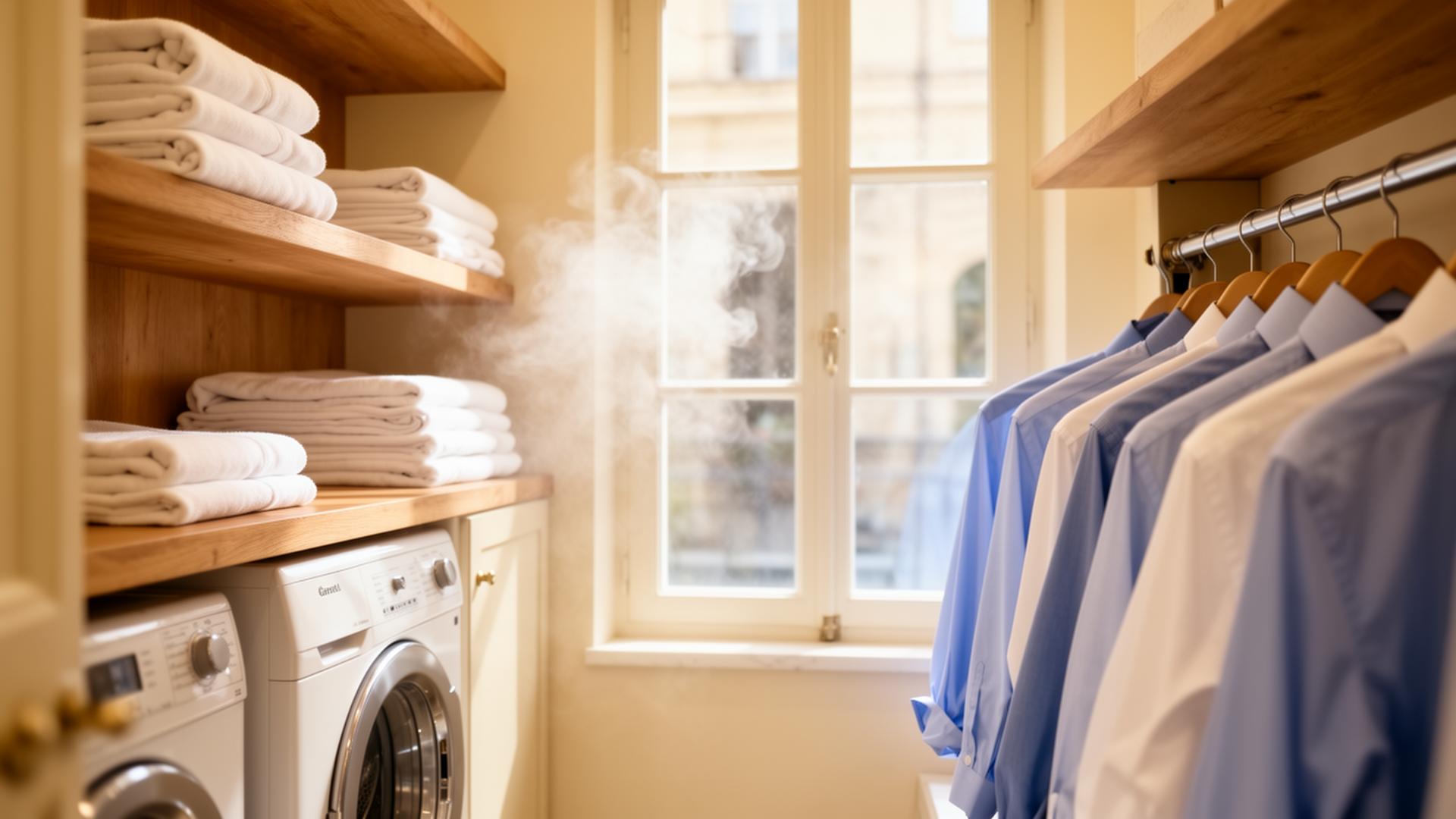 Interno della lavanderia con biancheria fresca di stiratura